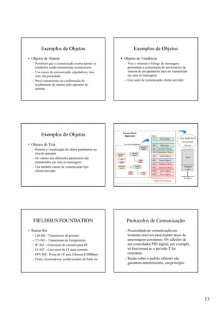 17
Exemplos de Objetos
• Objetos de Alarme
– Permitem que a comunicação ocorra apenas se
condições sendo monitoradas acontecerem
– Usa canais de comunicação esporádicas, mas
com alta prioridade
– Prevê mecanismos de confirmação de
recebimento do alarme pelo operador do
sistema
Exemplos de Objetos
• Objetos de Tendência
– Visa a otimizar o tráfego de mensagens
permitindo a acumulação de um histórico de
valores de um parâmetro para ser transmitido
em uma só mensagem
– Usa canal de comunicação cliente servidor
Exemplos de Objetos
• Objetos de Tela
– Permite a visualização de vários parâmetros na
tela do operador
– Os valores dos diferentes parâmetros são
transmitidos em uma só mensagem
– Usa também canais de comunicação tipo
cliente/servidor
FIELDBUS FOUNDATION
• Starter Kit
– LD-302 - Transmissor de pressão
– TT-302 - Transmissor de Temperatura
– IF-302 - Conversor de corrente para FF
– FI-302 - Conversor de FF para corrente
– DFI-302 - Ponte de FF para Ethernet (10MBps)
– Fonte, terminadores, condicionador da fonte etc
Protocolos de Comunicação
– Necessidade de comunicação em
instantes precisos para manter taxas de
amostragem constantes. Os cálculos de
um controlador PID digital, por exemplo,
só funcionam se o período T for
constante.
– Redes sobre o padrão ethernet não
garantem determinismo, em princípio.
 