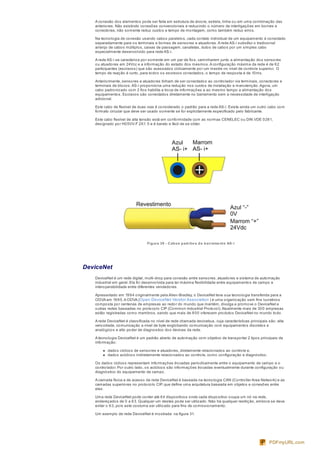 A conexão dos elementos pode ser feita em estrutura de árvore, estrela, linha ou em uma combinação das
anteriores. Não existindo conexões convencionais e reduzindo o número de interligações em bornes e
conectores, não somente reduz custos e tempo de montagem, como também reduz erros.
Na tecnologia de conexão usando cabos paralelos, cada contato individual de um equipamento é conectado
separadamente para os terminais e bornes de sensores e atuadores.A rede AS-i substitui o tradicional
arranjo de cabos múltiplos, caixas de passagem, canaletas, dutos de cabos por um simples cabo
especialmente desenvolvido para rede AS-i.
A rede AS-i se caracteriza por somente em um par de fios, caminharem junto a alimentação dos sensores
ou atuadores em 24Vcc e a informação do estado dos mesmos.A configuração máxima da rede é de 62
participantes (escravos) que são acessados ciclicamente por um mestre no nível de controle superior. O
tempo de reação é curto, para todos os escravos conectados, o tempo de resposta é de 10ms.
Anteriormente, sensores e atuadores tinham de ser conectados ao controlador via terminais, conectores e
terminais de blocos.AS-i proporciona uma redução nos custos de instalação e manutenção.Agora, um
cabo padronizado com 2 fios habilita a troca de informações e ao mesmo tempo a alimentação dos
equipamentos. Escravos são conectados diretamente no barramento sem a necessidade de interligação
adicional.
Este cabo de flexível de duas vias é considerado o padrão para a rede AS-i. Existe ainda um outro cabo com
formato circular que deve ser usado somente se for explicitamente especificado pelo fabricante.
Este cabo flexível de alta tensão está em conformidade com as normas CENELEC ou DIN VDE 0281,
designado por H05VV-F 2X1. 5 e é barato e fácil de se obter.
Figura 30 - Cabos padrõe s do barrame nto AS-i
DeviceNet
DeviceNet é um rede digital, multi-drop para conexão entre sensores, atuadores e sistema de automação
industrial em geral. Ela foi desenvolvida para ter máxima flexibilidade entre equipamentos de campo e
interoperabilidade entre diferentes vendedores.
Apresentado em 1994 originalmente pela Allen-Bradley, o DeviceNet teve sua tecnologia transferida para a
ODVA em 1995.A ODVA (Open DeviceNet Vendor Association ) é uma organização sem fins lucrativos
composta por centenas de empresas ao redor do mundo que mantém, divulga e promove o DeviceNet e
outras redes baseadas no protocolo CIP (Common Industrial Protocol).Atualmente mais de 300 empresas
estão registradas como membros, sendo que mais de 800 oferecem produtos DeviceNet no mundo todo.
A rede DeviceNet é classificada no nível de rede chamada devicebus, cuja características principais são: alta
velocidade, comunicação a nível de byte englobando comunicação com equipamentos discretos e
analógicos e alto poder de diagnostico dos devices da rede.
A tecnologia DeviceNet é um padrão aberto de automação com objetivo de transportar 2 tipos principais de
informação:
dados cíclicos de sensores e atuadores, diretamente relacionados ao controle e,
dados acíclicos indiretamente relacionados ao controle, como configuração e diagnóstico.
Os dados cíclicos representam informações trocadas periodicamente entre o equipamento de campo e o
controlador. Por outro lado, os acíclicos são informações trocadas eventualmente durante configuração ou
diagnóstico do equipamento de campo.
A camada física e de acesso da rede DeviceNet é baseada na tecnologia CAN (Controller Area Network) e as
camadas superiores no protocolo CIP, que define uma arquitetura baseada em objetos e conexões entre
eles.
Uma rede DeviceNet pode conter até 64 dispositivos onde cada dispositivo ocupa um nó na rede,
endereçados de 0 a 63. Qualquer um destes pode ser utilizado. Não há qualquer restrição, embora se deva
evitar o 63, pois este costuma ser utilizado para fins de comissionamento.
Um exemplo de rede DeviceNet é mostrada na figura 31.
PDFmyURL.com
 