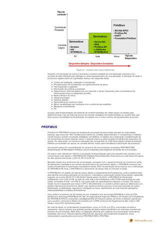 Figura 4 – Ce nário das re de s industriais
Visando a minimização de custos e aumentar a operacionalidade de uma aplicação introduziu-se o
conceito de rede industrial para interligar os vários equipamentos de uma aplicação.A utilização de redes e
protocolos digitais prevê um significativo avanço nas seguintes áreas:
Custos de instalação, operação e manutenção
Procedimentos de manutenção com gerenciamento de ativos
Fácil expansão e upgrades
Informação de controle e qualidade
Determinismo (Permite determinar com precisão o tempo necessário para a transferência de
informações entre os integrantes da rede)
Baixos tempos de ciclos
Várias topologias
Padrões abertos
Redundância em diversos níveis
Menor variabilidade nas medições com a melhoria das exatidões
Medições multivariáveis
Etc.
A opção pela implementação de sistemas de controle baseados em redes requer um estudo para
determinar qual o tipo de rede que possui as maiores vantagens de implementação ao usuário final, que
deve buscar uma plataforma de aplicação compatível com o maior número de equipamentos possíveis.
PROFIBUS
A história do PROFIBUS começa na aventura de um projeto da associação apoiado por autoridades
públicas, que iniciou em 1987 na Alemanha. Dentro do contexto desta aventura, 21 companhias e institutos
uniram forças e criaram um projeto estratégico em fieldbus. O objetivo era a realização e estabilização de
um barramento de campo bitserial, sendo o requisito básico a padronização da interface de dispositivo de
campo. Por esta razão, os membros relevantes das companhias do ZVEI (Associação Central da Indústria
Elétrica) concordaram em apoiar um conceito técnico mútuo para manufatura e automação de processos.
Um primeiro passo foi a especificação do protocolo de comunicações complexas PROFIBUS FMS
(Especificação de Mensagens Fieldbus), que foi preparado para exigência de tarefas de comunicação.
Um passo mais adiante em 1993 foi a conclusão da especificação para uma variante mais simples e com
comunicação mais rápida, o PROFIBUS-DP (Periferia Descentralizada). Este protocolo está disponível agora
em três versões funcionais, o DP-V0, DP-V1 e DP-V2.
Baseado nestes dois protocolos de comunicação, acoplado com o desenvolvimento de numerosos perfis
de aplicações orientadas e um número de dispositivos de crescimento rápido, o PROFIBUS começou seu
avanço inicialmente na automação manufatura e desde 1995 na automação de processos com a introdução
do PROFIBUS-PA. Hoje, o PROFIBUS é o barramento de campo líder no mercado mundial.
O PROFIBUS é um padrão de rede de campo aberto e independente de fornecedores, onde a interface entre
eles permite uma ampla aplicação em processos, manufatura e automação predial. Esse padrão é garantido
segundo as normas EN 50170 e EN 50254. Desde janeiro de 2000, o PROFIBUS foi firmemente
estabelecido com a IEC 61158, ao lado de mais sete outros fieldbuses.A IEC 61158 está dividida em sete
partes, nomeadas 61158-1 a 61158-6, nas quais estão as especificações segundo o modelo OSI. Nessa
versão houve a expansão que incluiu o DPV-2. Mundialmente, os usuários podem agora se referenciar a um
padrão internacional de protocolo aberto, cujo desenvolvimento procurou e procura a redução de custos,
flexibilidade, confiabilidade, segurança, orientação ao futuro, atendimento as mais diversas aplicações,
interoperabilidade e múltiplos fornecedores.
Hoje, estima-se próximo de 30 milhões de nós instalados com tecnologia PROFIBUS e mais de 1000
plantas com tecnologia PROFIBUS-PA. São 24 organizações regionais (RPAs) e 35 Centros de Competência
em PROFIBUS (PCCs), localizados estrategicamente em diversos países, de modo a oferecer suporte aos
seus usuários, inclusive no Brasil, em parceria com a FIPAI na Escola de Engenharia de São Carlos-USP,
existe o único PCC da América Latina.
No nível de célula, os controladores programáveis, como os CLPs e os PCs, comunicam-se entre si,
requerendo, dessa maneira, que grandes pacotes de dados sejam transferidos em inúmeras e poderosas
funções de comunicação.Além disso, a integração eficiente aos sistemas de comunicação corporativos
existentes, tais como: Intranet, Internet e Ethernet são requisitos absolutamente obrigatórios. Essa
necessidade é suprida pelos protocolos PROFIBUS FMS e PROFINet.
PDFmyURL.com
 