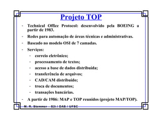 M. R. Stemmer – S2i / DAS / UFSC
Projeto TOP
- Technical Office Protocol: desenvolvido pela BOEING a
partir de 1983.
- Redes para automação de áreas técnicas e administrativas.
- Baseado no modelo OSI de 7 camadas.
- Serviços:
- correio eletrônico;
- processamento de textos;
- acesso a base de dados distribuída;
- transferência de arquivos;
- CAD/CAM distribuído;
- troca de documentos;
- transações bancárias.
- A partir de 1986: MAP e TOP reunidos (projeto MAP/TOP).
 