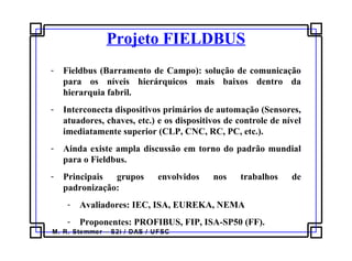 M. R. Stemmer – S2i / DAS / UFSC
Projeto FIELDBUS
- Fieldbus (Barramento de Campo): solução de comunicação
para os níveis hierárquicos mais baixos dentro da
hierarquia fabril.
- Interconecta dispositivos primários de automação (Sensores,
atuadores, chaves, etc.) e os dispositivos de controle de nível
imediatamente superior (CLP, CNC, RC, PC, etc.).
- Ainda existe ampla discussão em torno do padrão mundial
para o Fieldbus.
- Principais grupos envolvidos nos trabalhos de
padronização:
- Avaliadores: IEC, ISA, EUREKA, NEMA
- Proponentes: PROFIBUS, FIP, ISA-SP50 (FF).
 