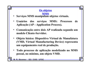 M. R. Stemmer – S2i / DAS / UFSC
Os objetos
MMS
• Serviços MMS manipulam objetos virtuais.
• Usuários dos serviços MMS: Processos de
Aplicação (AP - Application Process).
• Comunicação entre dois AP realizada segundo um
modelo Cliente-Servidor.
• Objeto básico: Dispositivo Virtual de Manufatura
(VMD, Virtual Manufacturing Device) representa
um equipamento real de produção.
• Todo processo de aplicação modelizado no MMS
possui, no mínimo, um objeto VMD.
 