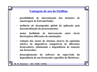 M. R. Stemmer – S2i / DAS / UFSC
Vantagens de uso do Fieldbus
- possibilidade de sincronização dos instantes de
amostragem de Entrada/Saída;
- melhoria do desempenho global da aplicação pela
descentralização do processamento;
- maior facilidade de interconexão entre níveis
hierárquicos diferentes de automação;
- redução dos custos de sistemas através da aquisição
seletiva de dispositivos compatíveis de diferentes
fornecedores, eliminando a dependência de somente
um fornecedor;
- desacoplamento do software de supervisão da
dependência de um fornecedor específico de Hardware.
 