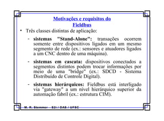 M. R. Stemmer – S2i / DAS / UFSC
Motivações e requisitos do
Fieldbus
• Três classes distintas de aplicação:
- sistemas "Stand-Alone": transações ocorrem
somente entre dispositivos ligados em um mesmo
segmento de rede (ex.: sensores e atuadores ligados
a um CNC dentro de uma máquina).
- sistemas em cascata: dispositivos conectados a
segmentos distintos podem trocar informações por
meio de uma "bridge" (ex.: SDCD - Sistema
Distribuído de Controle Digital).
- sistemas hierárquicos: Fieldbus está interligado
via "gateway" a um nível hierárquico superior da
automação fabril (ex.: estrutura CIM).
 