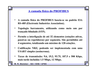 M. R. Stemmer – S2i / DAS / UFSC
A camada física do PROFIBUS
• A camada física do PROFIBUS baseia-se no padrão EIA
RS-485 (Electronic Industries Association).
• Topologia barramento, utilizando como meio um par
trançado blindado (STP).
• Permite a interligação de até 32 elementos (estações ativas,
passivas ou repetidoras) por segmento. São permitidos até
4 segmentos, totalizando um máximo de 128 estações.
• Codificação NRZ, podendo ser implementada com uma
USART simples (assíncrona).
• Taxas de transmissão: 9.6, 19.2, 93.75, 187.5 e 500 Kbps,
mais tarde incluídas 1.5 Mbps, 12 Mbps.
 
