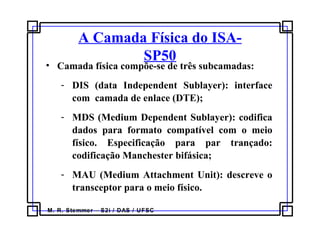 M. R. Stemmer – S2i / DAS / UFSC
A Camada Física do ISA-
SP50
• Camada física compõe-se de três subcamadas:
- DIS (data Independent Sublayer): interface
com camada de enlace (DTE);
- MDS (Medium Dependent Sublayer): codifica
dados para formato compatível com o meio
físico. Especificação para par trançado:
codificação Manchester bifásica;
- MAU (Medium Attachment Unit): descreve o
transceptor para o meio físico.
 