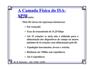 M. R. Stemmer – S2i / DAS / UFSC
A Camada Física do ISA-
SP50- Tipos de meio:
– Meio H1 (áreas de segurança intrínseca):
» Par trançado
» Taxa de transmissão de 31,25 Kbps
» Até 32 estações se meio não é utilizado para a
alimentação dos dispositivos de campo ou menos
(mínimo de 6) estações com alimentação pelo fio
» Topologias barramento, árvore e estrela;
» Distância até 1900m sem repetidores
» Até 4 repetidores
 