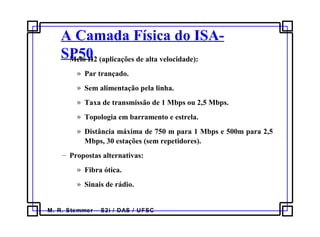 M. R. Stemmer – S2i / DAS / UFSC
A Camada Física do ISA-
SP50– Meio H2 (aplicações de alta velocidade):
» Par trançado.
» Sem alimentação pela linha.
» Taxa de transmissão de 1 Mbps ou 2,5 Mbps.
» Topologia em barramento e estrela.
» Distância máxima de 750 m para 1 Mbps e 500m para 2,5
Mbps, 30 estações (sem repetidores).
– Propostas alternativas:
» Fibra ótica.
» Sinais de rádio.
 