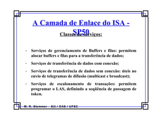 M. R. Stemmer – S2i / DAS / UFSC
A Camada de Enlace do ISA -
SP50Classes de serviços:
- Serviços de gerenciamento de Buffers e filas: permitem
alocar buffers e filas para a transferência de dados;
- Serviços de transferência de dados com conexão;
- Serviços de transferência de dados sem conexão: úteis no
envio de telegramas de difusão (multicast e broadcast);
- Serviços de escalonamento de transações: permitem
programar o LAS, definindo a seqüência de passagem de
token.
 
