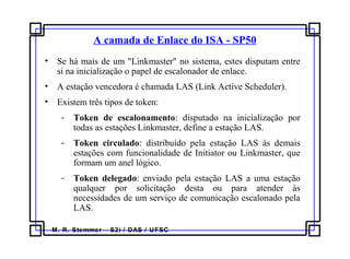 M. R. Stemmer – S2i / DAS / UFSC
A camada de Enlace do ISA - SP50
• Se há mais de um "Linkmaster" no sistema, estes disputam entre
si na inicialização o papel de escalonador de enlace.
• A estação vencedora é chamada LAS (Link Active Scheduler).
• Existem três tipos de token:
- Token de escalonamento: disputado na inicialização por
todas as estações Linkmaster, define a estação LAS.
- Token circulado: distribuído pela estação LAS às demais
estações com funcionalidade de Initiator ou Linkmaster, que
formam um anel lógico.
- Token delegado: enviado pela estação LAS a uma estação
qualquer por solicitação desta ou para atender às
necessidades de um serviço de comunicação escalonado pela
LAS.
 