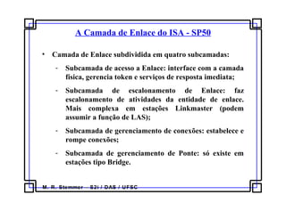 M. R. Stemmer – S2i / DAS / UFSC
A Camada de Enlace do ISA - SP50
• Camada de Enlace subdividida em quatro subcamadas:
- Subcamada de acesso a Enlace: interface com a camada
física, gerencia token e serviços de resposta imediata;
- Subcamada de escalonamento de Enlace: faz
escalonamento de atividades da entidade de enlace.
Mais complexa em estações Linkmaster (podem
assumir a função de LAS);
- Subcamada de gerenciamento de conexões: estabelece e
rompe conexões;
- Subcamada de gerenciamento de Ponte: só existe em
estações tipo Bridge.
 