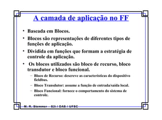 M. R. Stemmer – S2i / DAS / UFSC
A camada de aplicação no FF
• Baseada em Blocos.
• Blocos são representações de diferentes tipos de
funções de aplicação.
• Dividida em funções que formam a estratégia de
controle da aplicação.
• Os blocos utilizados são bloco de recurso, bloco
transdutor e bloco funcional.
– Bloco de Recurso: descreve as características do dispositivo
fieldbus.
– Bloco Transdutor: assume a função de entrada/saída local.
– Bloco Funcional: fornece o comportamento do sistema de
controle.
 