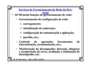 M. R. Stemmer – S2i / DAS / UFSC
Serviços de Gerenciamento de Rede do ISA-
SP50
• SP-50 inclui funções de gerenciamento de rede:
- Gerenciamento de configuração de rede:
» carregamento;
» inicialização de endereços;
» configuração de comunicação e aplicação;
» partida, etc.;
- Controle de operação: ferramentas de
sincronização, escalonamento, etc.;
- Monitoração de desempenho: detecção, diagnose
e recuperação de erros, avaliação e otimização de
desempenho, etc.
 
