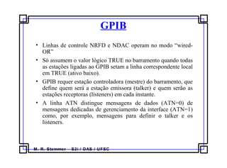M. R. Stemmer – S2i / DAS / UFSC
GPIB
• Linhas de controle NRFD e NDAC operam no modo “wired-
OR”
• Só assumem o valor lógico TRUE no barramento quando todas
as estações ligadas ao GPIB setam a linha correspondente local
em TRUE (ativo baixo).
• GPIB requer estação controladora (mestre) do barramento, que
define quem será a estação emissora (talker) e quem serão as
estações receptoras (listeners) em cada instante.
• A linha ATN distingue mensagens de dados (ATN=0) de
mensagens dedicadas de gerenciamento da interface (ATN=1)
como, por exemplo, mensagens para definir o talker e os
listeners.
 