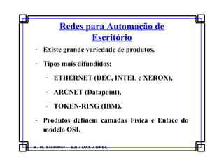 M. R. Stemmer – S2i / DAS / UFSC
Redes para Automação de
Escritório
- Existe grande variedade de produtos.
- Tipos mais difundidos:
- ETHERNET (DEC, INTEL e XEROX),
- ARCNET (Datapoint),
- TOKEN-RING (IBM).
- Produtos definem camadas Física e Enlace do
modelo OSI.
 