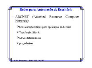 M. R. Stemmer – S2i / DAS / UFSC
Redes para Automação de Escritório
- ARCNET (Attached Resource Computer
Network):
boas características para aplicação industrial
Topologia difusão
MAC determinista
preço baixo.
 