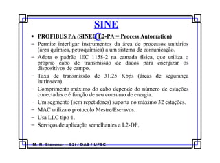 M. R. Stemmer – S2i / DAS / UFSC
SINE
C• PROFIBUS PA (SINEC L2-PA = Process Automation)
− Permite interligar instrumentos da área de processos unitários
(área química, petroquímica) a um sistema de comunicação.
− Adota o padrão IEC 1158-2 na camada física, que utiliza o
próprio cabo de transmissão de dados para energizar os
dispositivos de campo.
− Taxa de transmissão de 31.25 Kbps (áreas de segurança
intrínseca).
− Comprimento máximo do cabo depende do número de estações
conectadas e é função de seu consumo de energia.
− Um segmento (sem repetidores) suporta no máximo 32 estações.
− MAC utiliza o protocolo Mestre/Escravos.
− Usa LLC tipo 1.
− Serviços de aplicação semelhantes a L2-DP.
 
