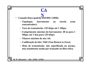 M. R. Stemmer – S2i / DAS / UFSC
CA
N• Camada física (padrão ISO/DIS 11898):
− Topologia: barramento ou estrela (com
concentrador);
− Taxa de transmissão: 125 Kbps até 1 Mbps;
− Comprimento máximo do barramento: 40 m para 1
Mbps; até 1 Km para 125 Kbps;
− Número máximo de nós: 64;
− Codificação de bits: NRZ (Non Return to Zero);
− Meio de transmissão: não especificado na norma,
mas usualmente usado par trançado ou fibra ótica.
 