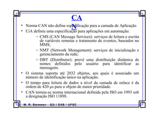 M. R. Stemmer – S2i / DAS / UFSC
CA
N• Norma CAN não define especificação para a camada de Aplicação
• CiA definiu uma especificação para aplicações em automação:
− CMS (CAN Message Services): serviços de leitura e escrita
de variáveis remotas e tratamento de eventos, baseados no
MMS;
− NMT (Network Menagement): serviços de inicialização e
gerenciamento da rede;
− DBT (Distributor): provê uma distribuição dinâmica de
nomes definidos pelo usuário para identificar as
mensagens.
• O sistema suporta até 2032 objetos, aos quais é associado um
número de identificação único na aplicação.
• O tempo para leitura de dados a nível da camada de enlace é da
ordem de 420 µs para o objeto de maior prioridade.
• CAN tornou-se norma internacional definida pela ISO em 1993 sob
a designação ISO 11898.
 