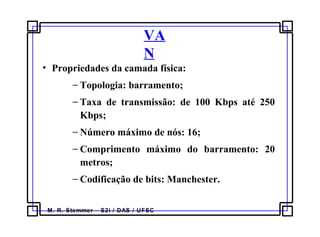 M. R. Stemmer – S2i / DAS / UFSC
VA
N
• Propriedades da camada física:
− Topologia: barramento;
− Taxa de transmissão: de 100 Kbps até 250
Kbps;
− Número máximo de nós: 16;
− Comprimento máximo do barramento: 20
metros;
− Codificação de bits: Manchester.
 