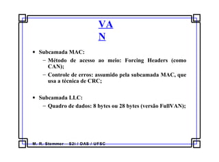 M. R. Stemmer – S2i / DAS / UFSC
VA
N
• Subcamada MAC:
− Método de acesso ao meio: Forcing Headers (como
CAN);
− Controle de erros: assumido pela subcamada MAC, que
usa a técnica de CRC;
• Subcamada LLC:
− Quadro de dados: 8 bytes ou 28 bytes (versão FullVAN);
 