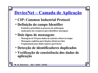 M. R. Stemmer – S2i / DAS / UFSC
DeviceNet – Camada de Aplicação
• CIP: Common Industrial Protocol
• Definição do campo Identifier
– Estabelece prioridade no processo de arbitragem
– usado pelos nós receptores para identificar mensagens
• Dois tipos de mensagens
– Mensagens de I/O para dados de controle críticos no tempo
– Mensagens explicitas para funções cliente/servidor
– Fragmentação para dados maiores que 8 bytes
• Detecção de identificadores duplicados
• Verificação de consistência dos dados de
aplicação
 