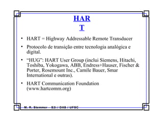 M. R. Stemmer – S2i / DAS / UFSC
HAR
T
• HART = Highway Addressable Remote Transducer
• Protocolo de transição entre tecnologia analógica e
digital.
• “HUG”: HART User Group (inclui Siemens, Hitachi,
Toshiba, Yokogawa, ABB, Endress+Hauser, Fischer &
Porter, Rosemount Inc., Camile Bauer, Smar
International e outras).
• HART Communication Foundation
(www.hartcomm.org)
 