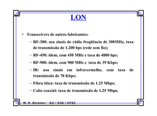 M. R. Stemmer – S2i / DAS / UFSC
LON
• Transceivers de outros fabricantes:
− RF-300: usa sinais de rádio freqüência de 300MHz, taxa
de transmissão de 1.200 bps (rede sem fio);
− RF-450: idem, com 450 MHz e taxa de 4800 bps;
− RF-900: idem, com 900 MHz e taxa de 39 Kbps;
− IR: usa sinais em infravermelho, com taxa de
transmissão de 78 Kbps;
− Fibra ótica: taxa de transmissão de 1.25 Mbps;
− Cabo coaxial: taxa de transmissão de 1.25 Mbps.
 