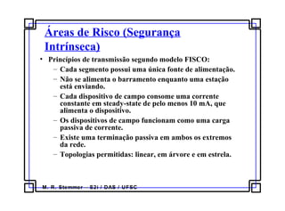 M. R. Stemmer – S2i / DAS / UFSC
Áreas de Risco (Segurança
Intrínseca)
• Princípios de transmissão segundo modelo FISCO:
– Cada segmento possui uma única fonte de alimentação.
– Não se alimenta o barramento enquanto uma estação
está enviando.
– Cada dispositivo de campo consome uma corrente
constante em steady-state de pelo menos 10 mA, que
alimenta o dispositivo.
– Os dispositivos de campo funcionam como uma carga
passiva de corrente.
– Existe uma terminação passiva em ambos os extremos
da rede.
– Topologias permitidas: linear, em árvore e em estrela.
 