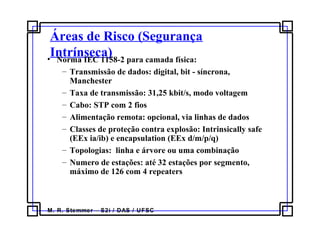M. R. Stemmer – S2i / DAS / UFSC
Áreas de Risco (Segurança
Intrínseca)• Norma IEC 1158-2 para camada física:
– Transmissão de dados: digital, bit - síncrona,
Manchester
– Taxa de transmissão: 31,25 kbit/s, modo voltagem
– Cabo: STP com 2 fios
– Alimentação remota: opcional, via linhas de dados
– Classes de proteção contra explosão: Intrinsically safe
(EEx ia/ib) e encapsulation (EEx d/m/p/q)
– Topologias: linha e árvore ou uma combinação
– Numero de estações: até 32 estações por segmento,
máximo de 126 com 4 repeaters
 