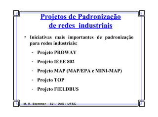 M. R. Stemmer – S2i / DAS / UFSC
Projetos de Padronização
de redes industriais
• Iniciativas mais importantes de padronização
para redes industriais:
- Projeto PROWAY
- Projeto IEEE 802
- Projeto MAP (MAP/EPA e MINI-MAP)
- Projeto TOP
- Projeto FIELDBUS
 