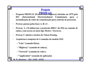M. R. Stemmer – S2i / DAS / UFSC
Projeto
PROWAY- Proposta PROWAY (Process Data Highway) iniciada em 1975 pela
IEC (International Electrotechnical Commission) para a
normalização de redes de comunicação para controle de processos.
- Proway passou pelas fases A, B e C.
- Proway A e B utilizavam o protocolo HDLC da ISO na camada de
enlace, com acesso ao meio tipo Mestre / Escravos.
- Proway C adotou a técnica de Token-Passing.
- Arquitetura composta de 4 camadas do modelo OSI:
- "Line" (camada física),
- "Highway" (camada de enlace),
- "Network" (camada de rede) e
- "Application" (camada de aplicação)
 