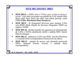 M. R. Stemmer – S2i / DAS / UFSC
IEEE 802 (ISO/IEC 8802)
• IEEE 802.8 : o IEEE criou o “Fibre optic technical advisory
group”, cuja meta era propor um padrão de LAN usando fibra
ótica como meio físico em redes com token passing, como
FDDI (Fiber Distributed Data Interface);
• IEEE 802.9 : IS (Integrated Services) para integrar LANs
com RDSI (Rede Digital de Serviços Integrados, ISDN em
inglês) e FDDI;
• IEEE 802.10 : aborda questões de segurança na interoperação
de LANs e MANs (atualmente define o padrão SDE, Secure
Data Exchange);
• IEEE 802.11 : padroniza LANs com MAC sem fio (Wireless)
e a camada física correspondente (transceivers de rádio);
• IEEE 802.12 : método de acesso com demanda priorizada
(DPA, Demand Priority Access) e camada física
correspondente.
 