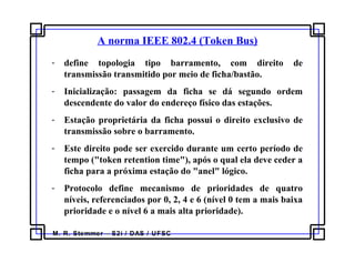 M. R. Stemmer – S2i / DAS / UFSC
A norma IEEE 802.4 (Token Bus)
- define topologia tipo barramento, com direito de
transmissão transmitido por meio de ficha/bastão.
- Inicialização: passagem da ficha se dá segundo ordem
descendente do valor do endereço físico das estações.
- Estação proprietária da ficha possui o direito exclusivo de
transmissão sobre o barramento.
- Este direito pode ser exercido durante um certo período de
tempo ("token retention time"), após o qual ela deve ceder a
ficha para a próxima estação do "anel" lógico.
- Protocolo define mecanismo de prioridades de quatro
níveis, referenciados por 0, 2, 4 e 6 (nível 0 tem a mais baixa
prioridade e o nível 6 a mais alta prioridade).
 