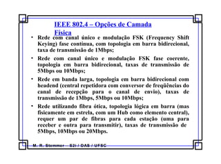 M. R. Stemmer – S2i / DAS / UFSC
IEEE 802.4 – Opções de Camada
Física
• Rede com canal único e modulação FSK (Frequency Shift
Keying) fase contínua, com topologia em barra bidirecional,
taxa de transmissão de 1Mbps;
• Rede com canal único e modulação FSK fase coerente,
topologia em barra bidirecional, taxas de transmissão de
5Mbps ou 10Mbps;
• Rede em banda larga, topologia em barra bidirecional com
headend (central repetidora com conversor de freqüências do
canal de recepção para o canal de envio), taxas de
transmissão de 1Mbps, 5Mbps ou 10Mbps;
• Rede utilizando fibra ótica, topologia lógica em barra (mas
fisicamente em estrela, com um Hub como elemento central),
requer um par de fibras para cada estação (uma para
receber e outra para transmitir), taxas de transmissão de
5Mbps, 10Mbps ou 20Mbps.
 