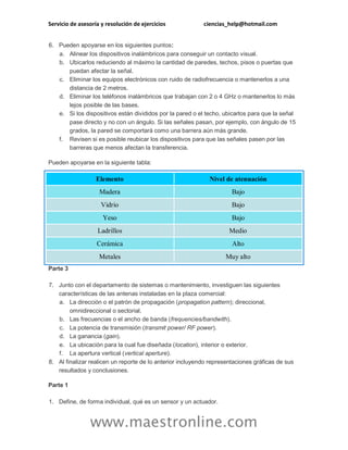 Servicio de asesoría y resolución de ejercicios ciencias_help@hotmail.com 
www.maestronline.com 
6. Pueden apoyarse en los siguientes puntos: a. Alinear los dispositivos inalámbricos para conseguir un contacto visual. b. Ubicarlos reduciendo al máximo la cantidad de paredes, techos, pisos o puertas que puedan afectar la señal. c. Eliminar los equipos electrónicos con ruido de radiofrecuencia o mantenerlos a una distancia de 2 metros. d. Eliminar los teléfonos inalámbricos que trabajan con 2 o 4 GHz o mantenerlos lo más lejos posible de las bases. e. Si los dispositivos están divididos por la pared o el techo, ubicarlos para que la señal pase directo y no con un ángulo. Si las señales pasan, por ejemplo, con ángulo de 15 grados, la pared se comportará como una barrera aún más grande. f. Revisen si es posible reubicar los dispositivos para que las señales pasen por las barreras que menos afectan la transferencia. Pueden apoyarse en la siguiente tabla: Elemento Nivel de atenuación Madera Bajo Vidrio Bajo Yeso Bajo Ladrillos Medio Cerámica Alto Metales Muy alto Parte 3 7. Junto con el departamento de sistemas o mantenimiento, investiguen las siguientes características de las antenas instaladas en la plaza comercial: a. La dirección o el patrón de propagación (propagation pattern); direccional, omnidireccional o sectorial. b. Las frecuencias o el ancho de banda (frequencies/bandwith). c. La potencia de transmisión (transmit power/ RF power). d. La ganancia (gain). e. La ubicación para la cual fue diseñada (location), interior o exterior. f. La apertura vertical (vertical aperture). 8. Al finalizar realicen un reporte de lo anterior incluyendo representaciones gráficas de sus resultados y conclusiones. Parte 1 1. Define, de forma individual, qué es un sensor y un actuador.  