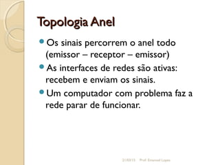 Topologia AnelTopologia Anel
Os sinais percorrem o anel todo
(emissor – receptor – emissor)
As interfaces de redes são ativas:
recebem e enviam os sinais.
Um computador com problema faz a
rede parar de funcionar.
21/03/15 Prof. Emanoel Lopes
 