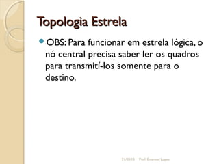 Topologia EstrelaTopologia Estrela
OBS: Para funcionar em estrela lógica, o
nó central precisa saber ler os quadros
para transmití-los somente para o
destino.
21/03/15 Prof. Emanoel Lopes
 
