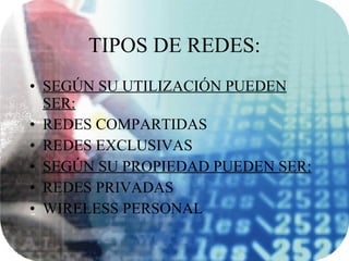 TIPOS DE REDES: SEGÚN SU UTILIZACIÓN PUEDEN SER: REDES COMPARTIDAS REDES EXCLUSIVAS SEGÚN SU PROPIEDAD PUEDEN SER: REDES PRIVADAS  WIRELESS PERSONAL 