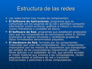 Estructura de las redes Las redes tienen tres niveles de componentes: El Software de Aplicaciones , programas que se comunican con los usuarios de la red y permiten compartir información (como archivos, gráficos o vídeos) y recursos (como impresoras o unidades de disco).  El Software de Red , programas que establecen protocolos para que las computadoras se comuniquen entre sí. Dichos protocolos se aplican enviando y recibiendo grupos de datos formateados denominados paquetes.  El Hardware de Red , formado por los componentes materiales que unen las computadoras. Dos componentes importantes son los medios de transmisión que transportan las señales de las computadoras (típicamente cables o fibras ópticas) y el adaptador de red, que permite acceder al medio material que conecta a las computadoras, recibir paquetes desde el software de red y transmitir instrucciones y peticiones a otras computadoras.  
