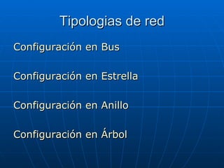 Tipologias de red Configuración en Bus Configuración en Estrella Configuración en Anillo Configuración en Árbol 