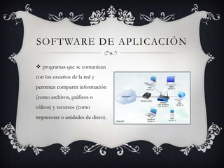 SOFTWARE DE APLICACIÓN

 programas que se comunican
con los usuarios de la red y
permiten compartir información
(como archivos, gráficos o
vídeos) y recursos (como
impresoras o unidades de disco).
 