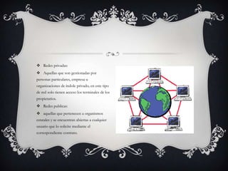  Redes privadas:
 Aquellas que son gestionadas por
personas particulares, empresa u
organizaciones de índole privado, en este tipo
de red solo tienen acceso los terminales de los
propietarios.
 Redes publicas:
 aquellas que pertenecen a organismos
estatales y se encuentran abiertas a cualquier
usuario que lo solicite mediante el
correspondiente contrato.
 