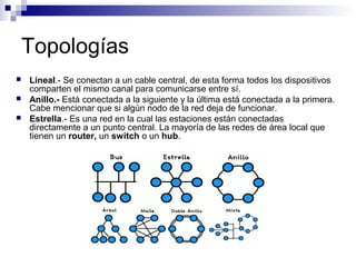 Topologías
 Lineal.- Se conectan a un cable central, de esta forma todos los dispositivos
comparten el mismo canal para comunicarse entre sí.
 Anillo.- Está conectada a la siguiente y la última está conectada a la primera.
Cabe mencionar que si algún nodo de la red deja de funcionar.
 Estrella.- Es una red en la cual las estaciones están conectadas
directamente a un punto central. La mayoría de las redes de área local que
tienen un router, un switch o un hub.
 