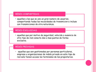 • aquellas a las que se une un gran numero de usuarios,
compartiendo todas las necesidades de transmicion e incluso
con transmiciones de otra naturaleza.
REDES COMPARTIDAS
• aquellas que por motivo de seguridad, velocida o ausencia de
otro tipo de red conecta dos o mas puntos de forma
exclusiva.
REDES ESCLUSIVAS
• aquellas que son gestionadas por personas particulares,
empresa u organizaciones de indole privado en este tipo de
red solo tienen acceso los terminales de los propietarios.
REDES PRIVADAS
 