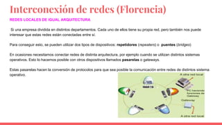 Interconexión de redes (Florencia)
REDES LOCALES DE IGUAL ARQUITECTURA
Si una empresa dividida en distintos departamentos. Cada uno de ellos tiene su propia red, pero también nos puede
interesar que estas redes están conectadas entre sí.
Para conseguir esto, se pueden utilizar dos tipos de dispositivos: repetidores (repeaters) o puentes (bridges)
En ocasiones necesitamos conectar redes de distinta arquitectura, por ejemplo cuando se utilizan distintos sistemas
operativos. Esto lo hacemos posible con otros dispositivos llamados pasarelas o gateways.
Estas pasarelas hacen la conversión de protocolos para que sea posible la comunicación entre redes de distintos sistema
operativo.
 