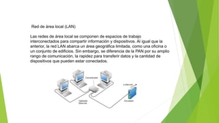 Red de área local (LAN)
Las redes de área local se componen de espacios de trabajo
interconectados para compartir información y dispositivos. Al igual que la
anterior, la red LAN abarca un área geográfica limitada, como una oficina o
un conjunto de edificios. Sin embargo, se diferencia de la PAN por su amplio
rango de comunicación, la rapidez para transferir datos y la cantidad de
dispositivos que pueden estar conectados.
 