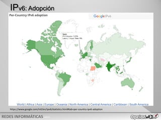 v0621
IPv6: Adopción
https://www.google.com/intl/en/ipv6/statistics.html#tab=per-country-ipv6-adoption
 