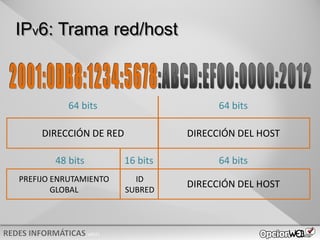 v0621
DIRECCIÓN DE RED DIRECCIÓN DEL HOST
64 bits 64 bits
PREFIJO ENRUTAMIENTO
GLOBAL
DIRECCIÓN DEL HOST
48 bits 16 bits
ID
SUBRED
64 bits
IPv6: Trama red/host
 