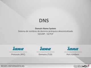 v0621
DNS
Domain Name System
Sistema de nombres de dominio jerárquico descentralizado
53/UDP - 53/TCP
Protocols (RFC) Domains (TLD) Port numbers
 